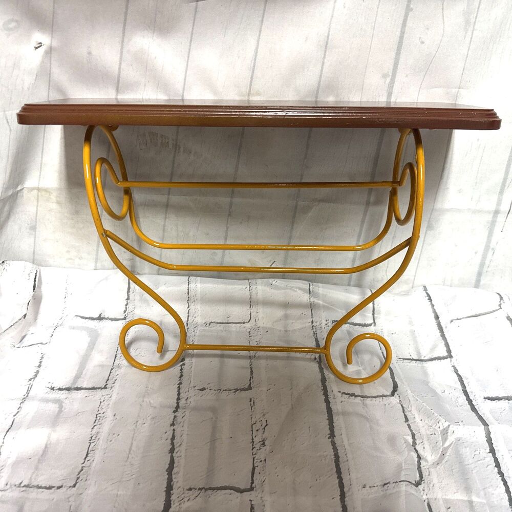 Farmhouse Red Orange Yellow Metal Wooden Wall Shelf with Scrolls 17.5x13.75 in